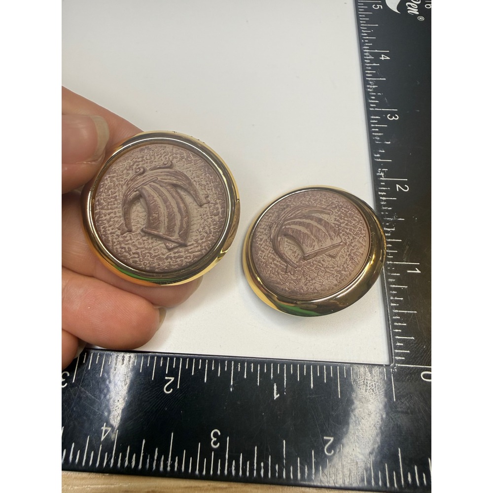 Vintage Oversized Button Stud Earrings Gold Tone Mauve Textured Abstract Logo